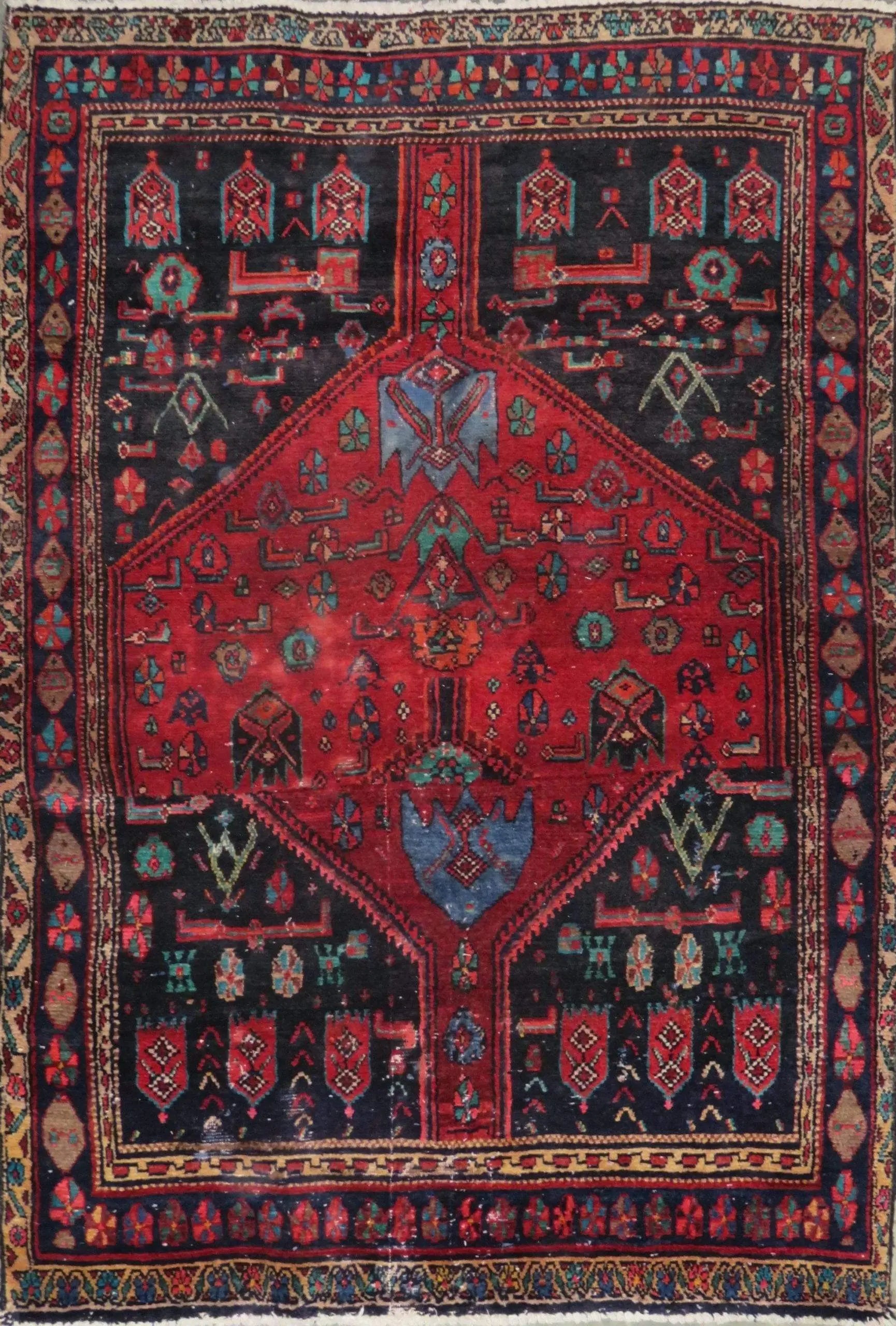One Of The Kind Hand-Knotted Persian Wool Rug _ Luxurious Vintage Design, 6'0" x 4'2", Artisan Crafted